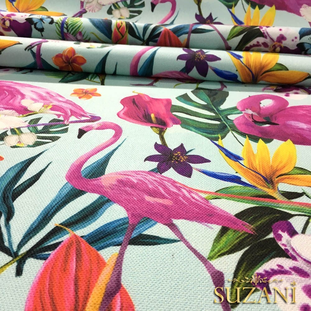 Mavi Zemin Tropikal Orman Desenli Kumaş