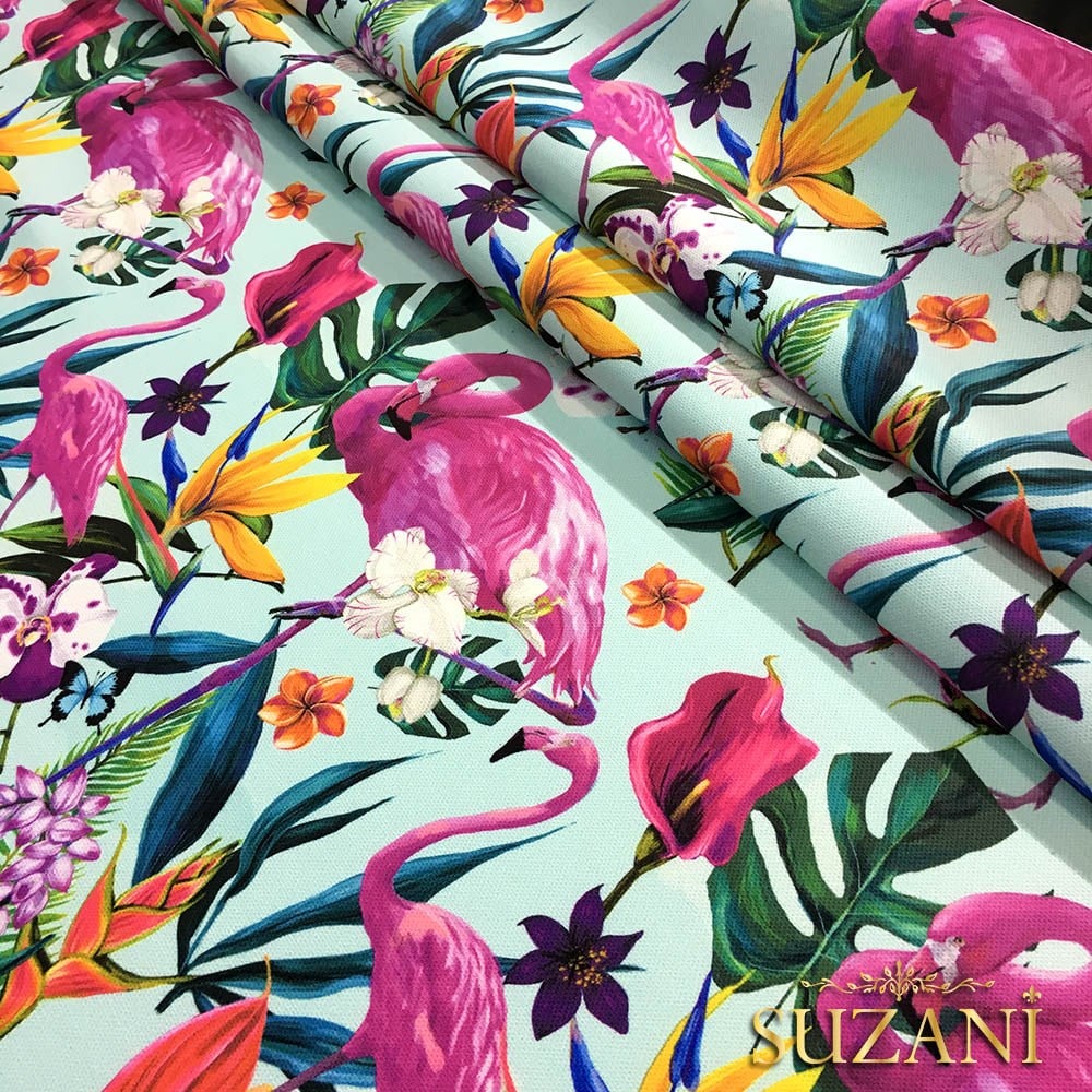 Mavi Zemin Tropikal Orman Desenli Kumaş