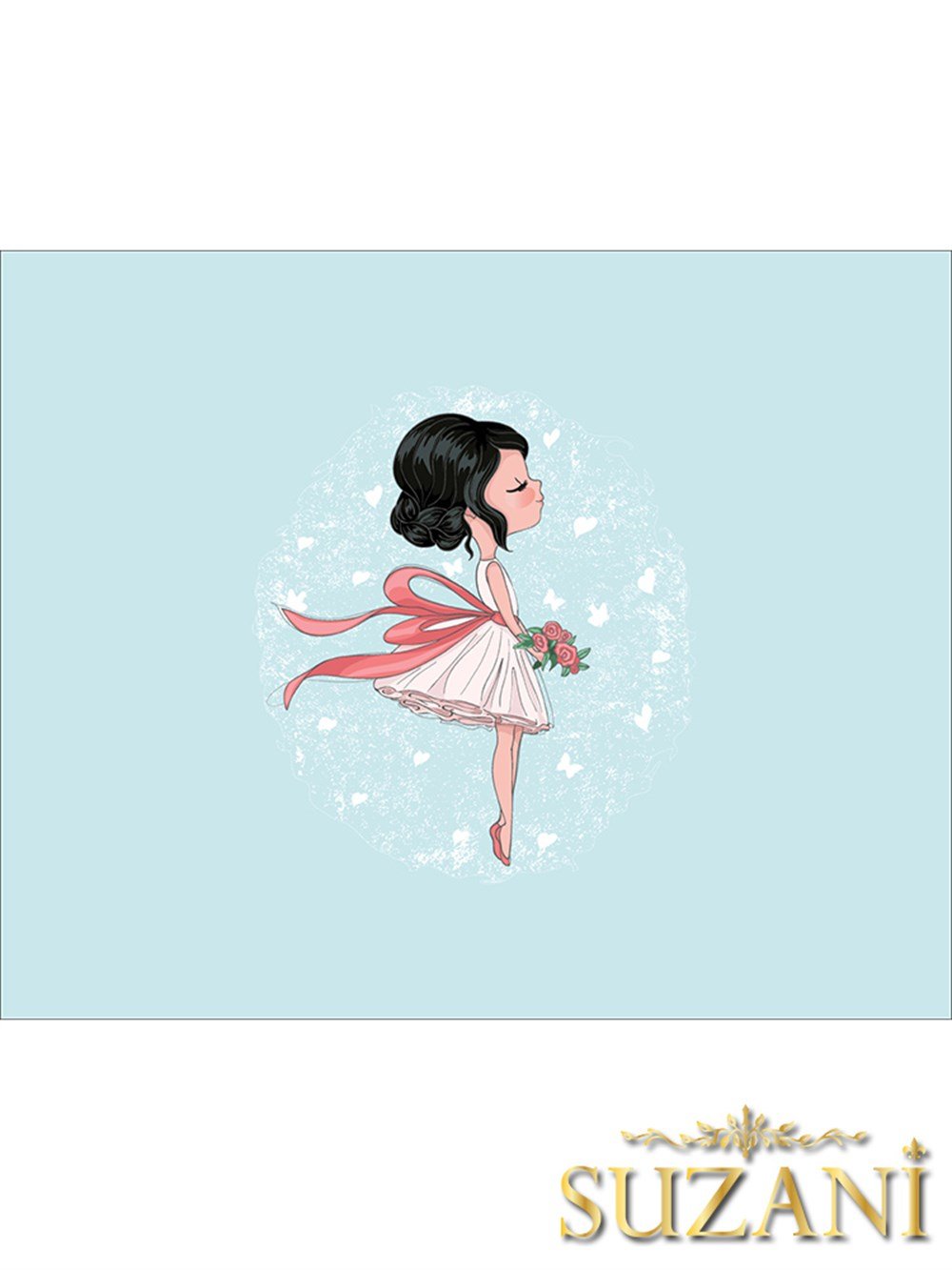 Mavi Zeminli Sevimli Elbiseli Kız Desenli 3lü Beslenme Örtüsü, Amerikan Servisi Kumaşı