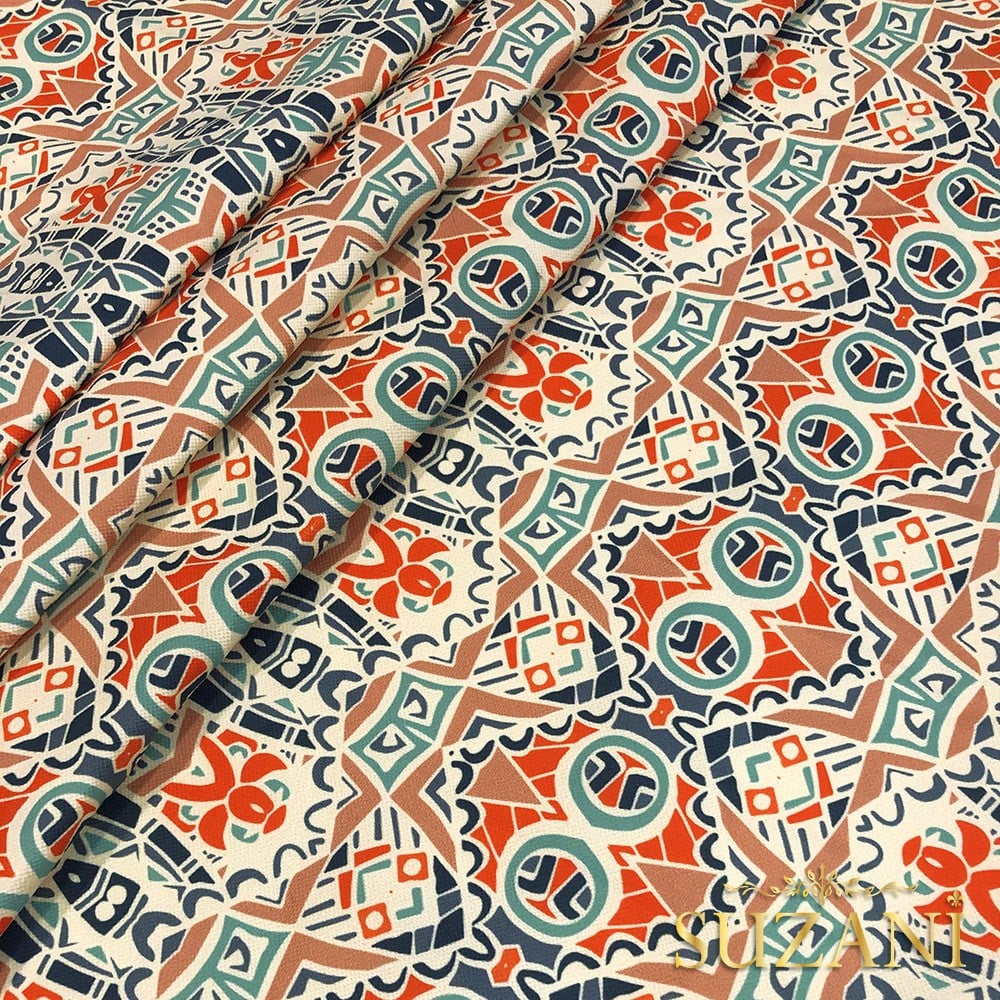 Mint-Turuncu Etnik Desenli Dijital Baskılı Kumaş