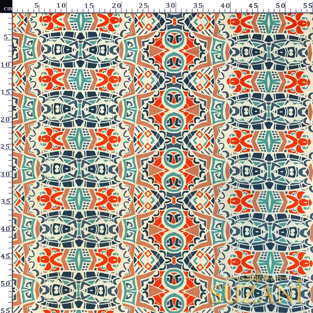 Mint-Turuncu Etnik Desenli Dijital Baskılı Kumaş