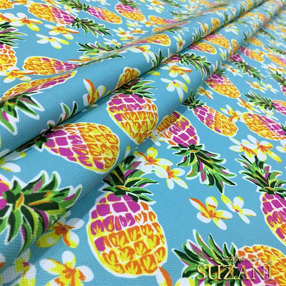 Mint Zemin Fuşya Ananaslar Desenli Kumaş