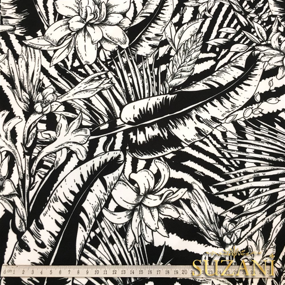 Monokrom Yapraklar Desenli Kumaş