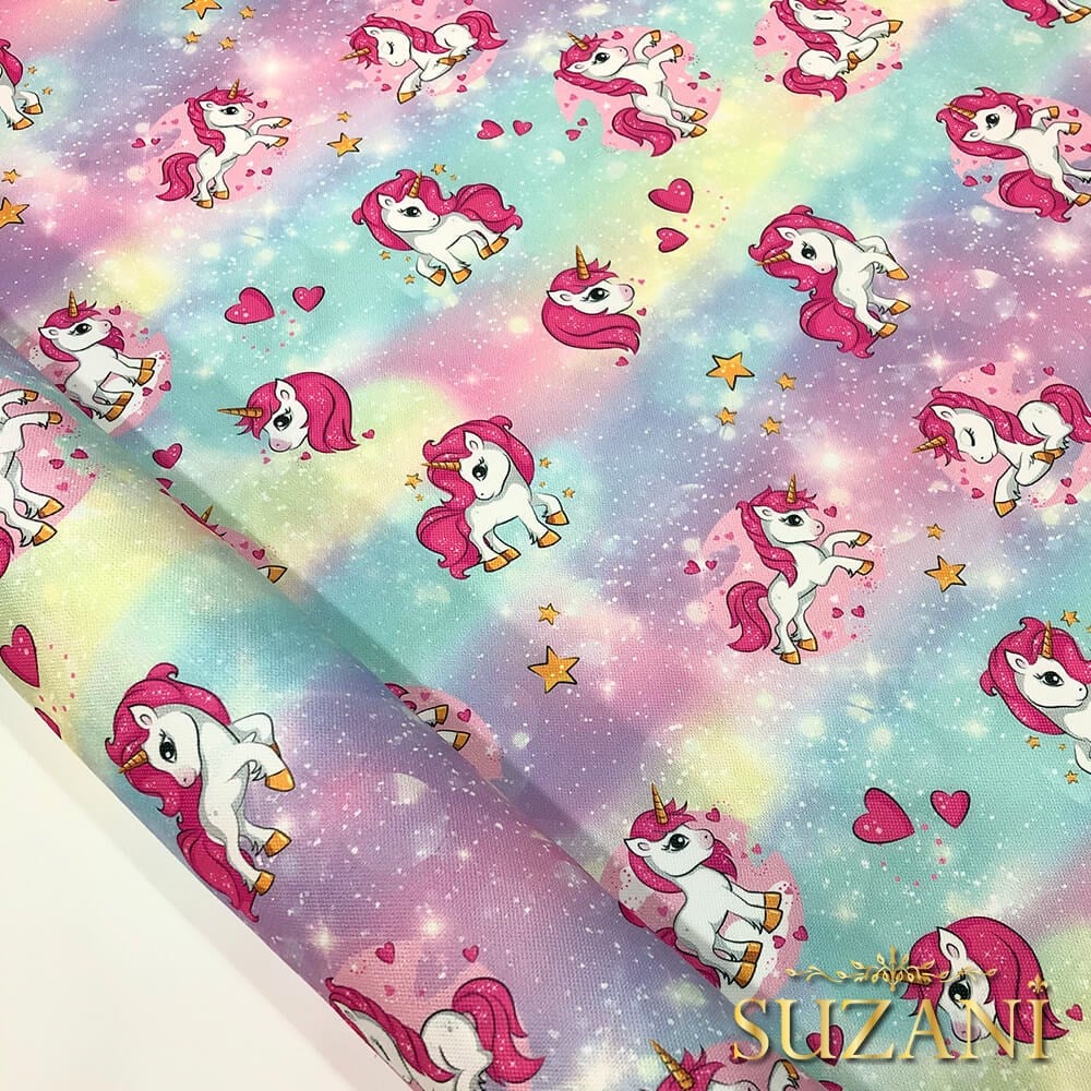 Pembe Unicorn Desenli Dijital Baskılı Kumaş