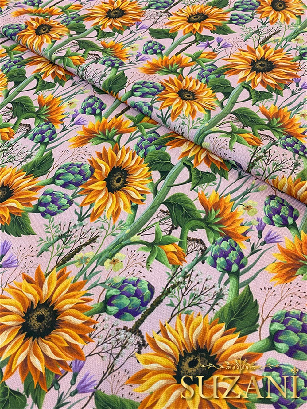 Pembe Zemin Ayçiçeği Desenli Dijital Baskılı Kumaş