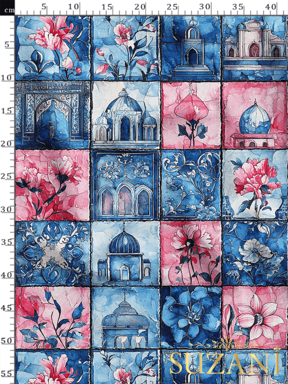 Ramazan Temalı Pembe Çiçekli Patchwork Desenli Dijital Baskılı Kumaş