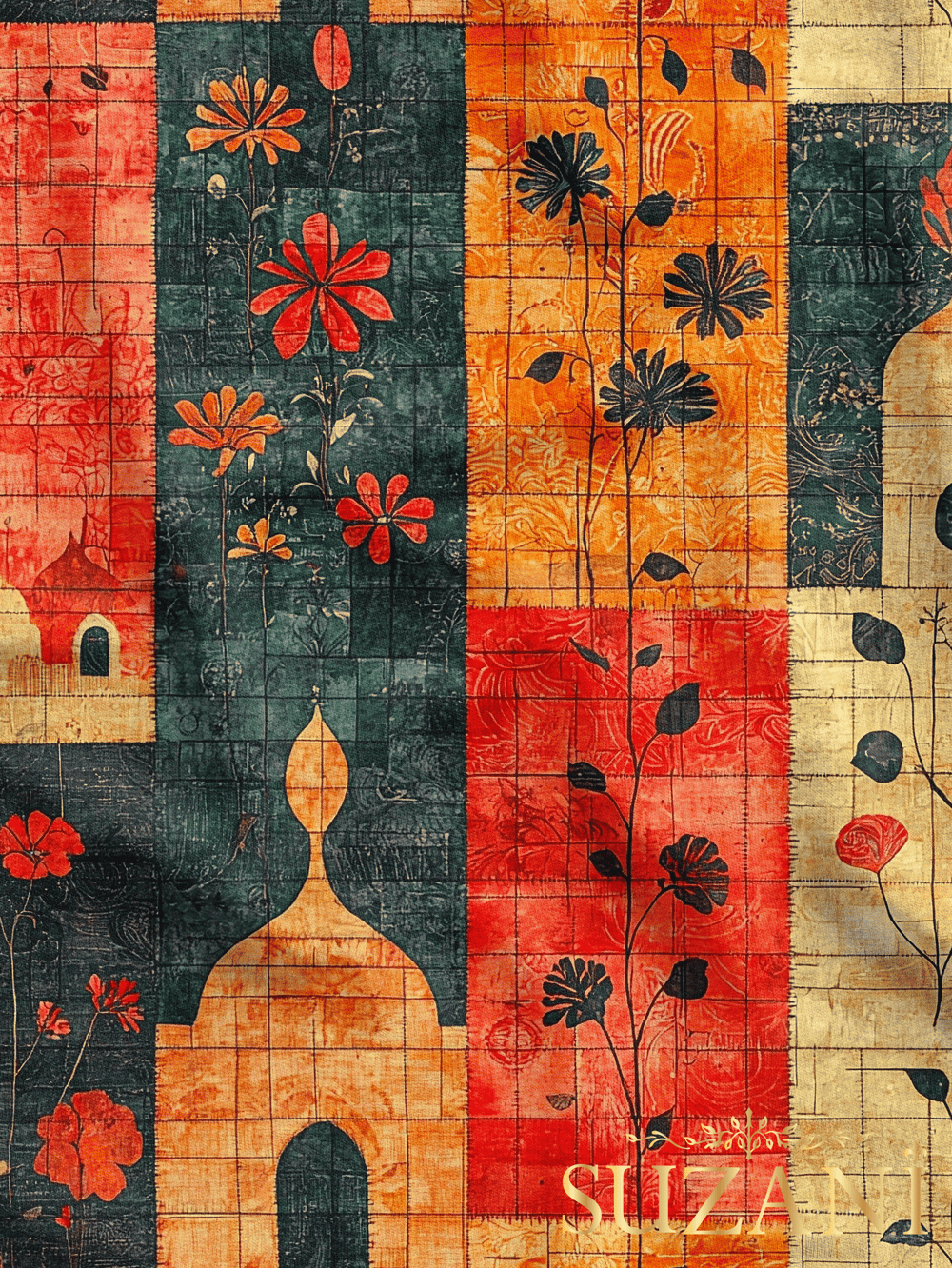 Ramazan Temalı Renkli Çiçekli Patchwork Desenli Dijital Baskılı Kumaş