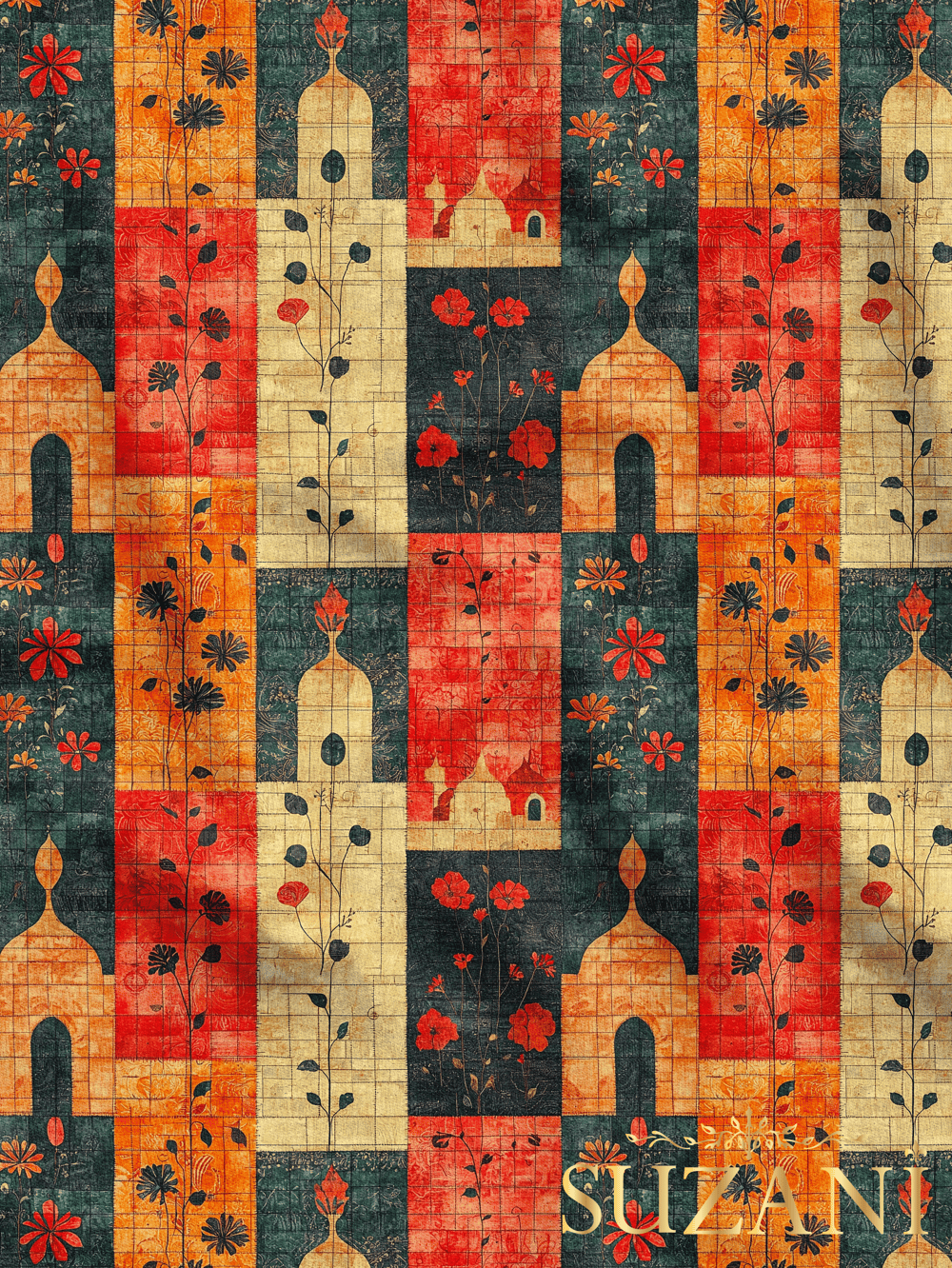 Ramazan Temalı Renkli Çiçekli Patchwork Desenli Dijital Baskılı Kumaş