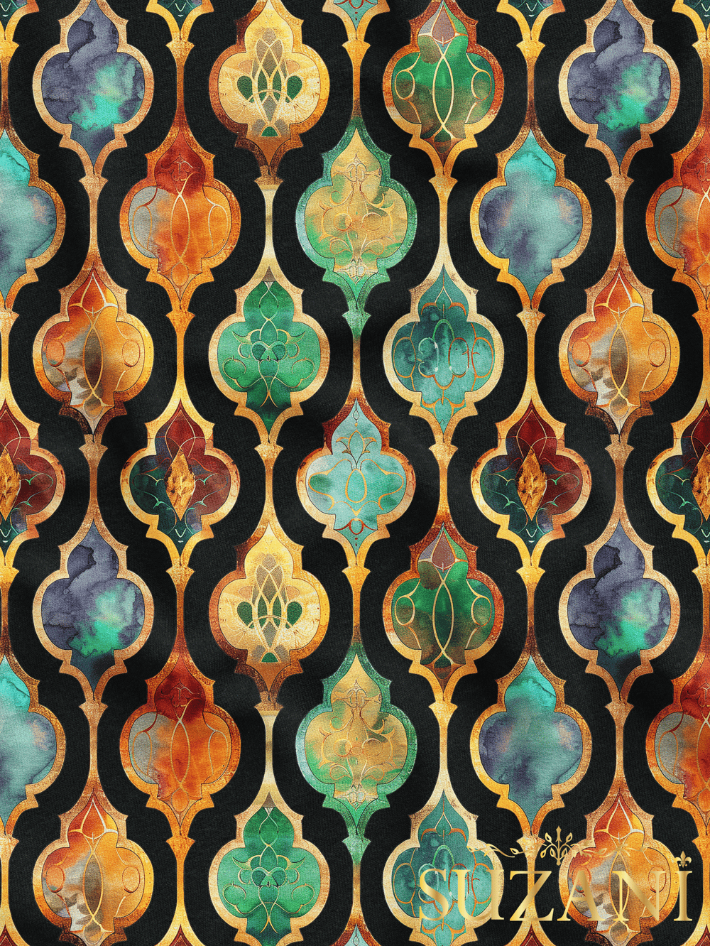 Ramazan Temalı Siyah Zemin Damla Desenli Dijital Baskılı Kumaş