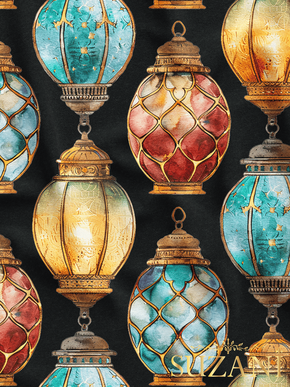 Ramazan Temalı Siyah Zemin Lamba Desenli Dijital Baskılı Kumaş