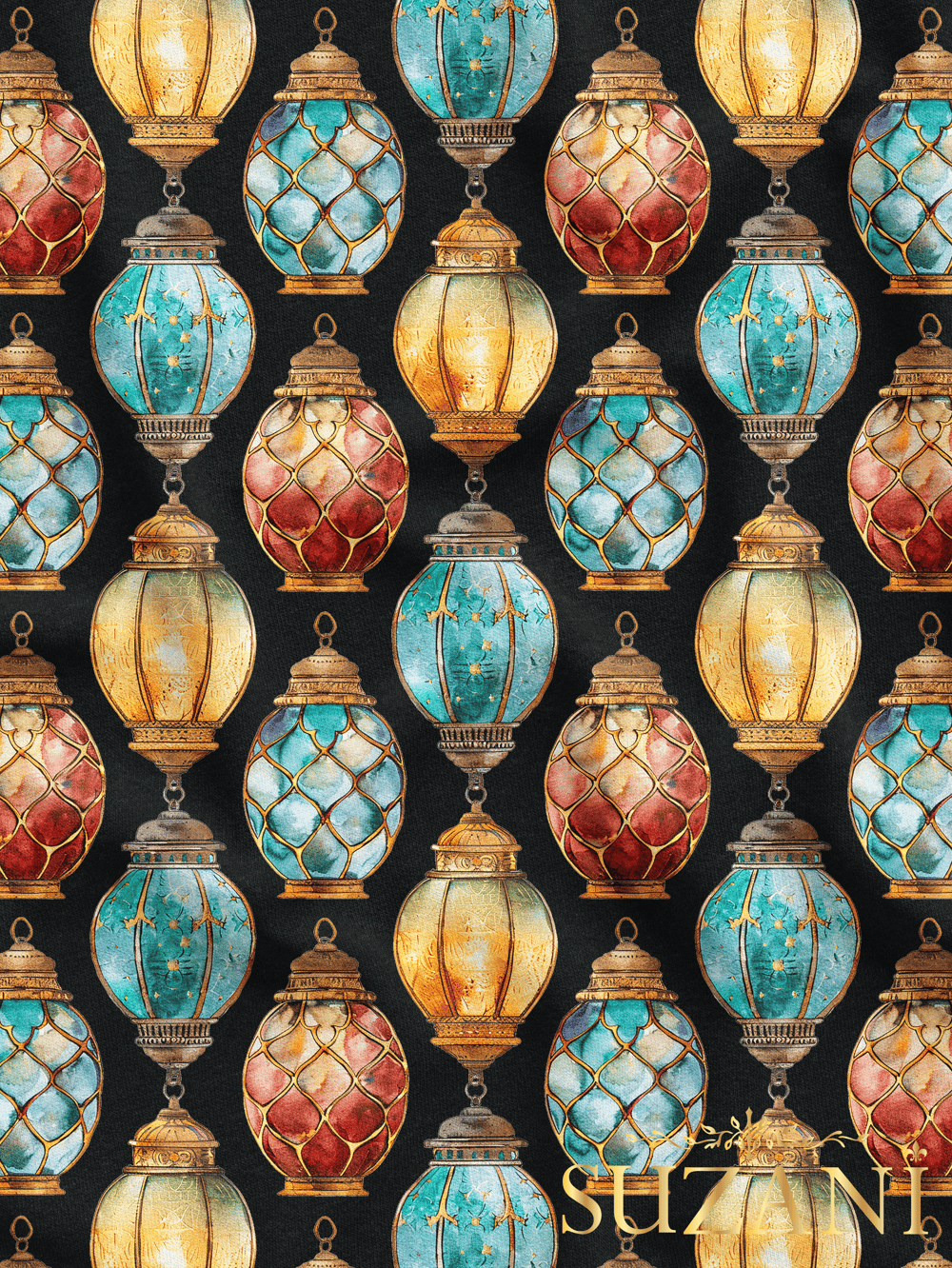 Ramazan Temalı Siyah Zemin Lamba Desenli Dijital Baskılı Kumaş