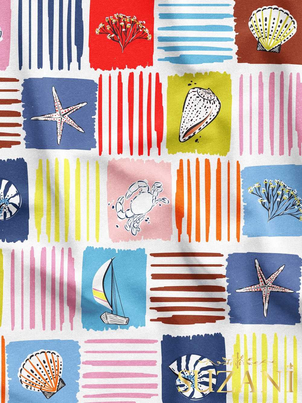 Renkli Deniz Kabuğu Desenli Dijital Baskılı Kumaş