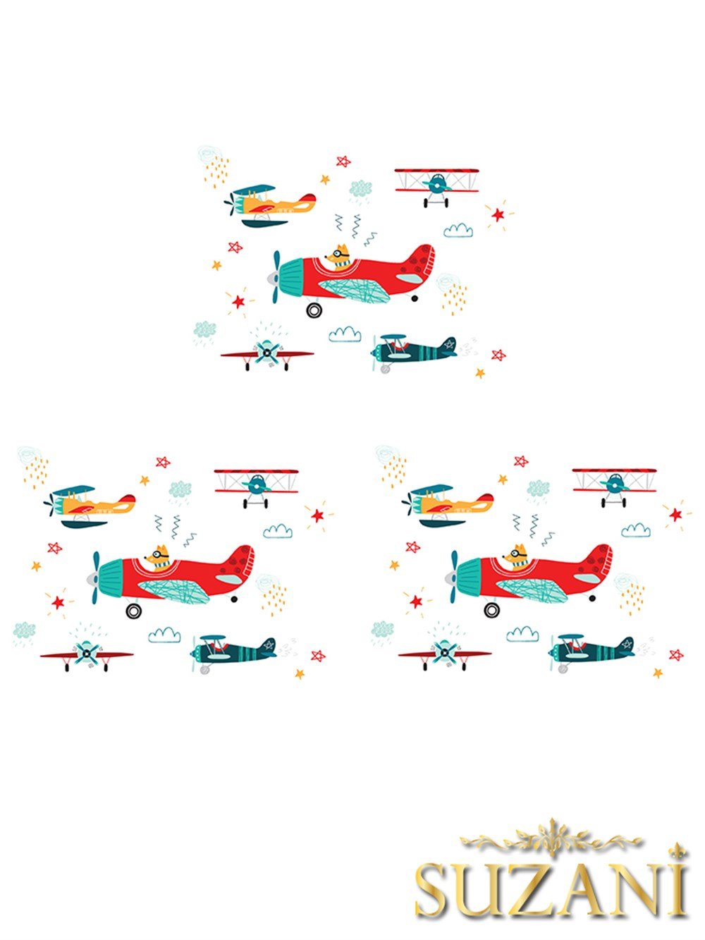 Renkli Uçaklar Desenli 3lü Beslenme Örtüsü, Amerikan Servisi Kumaşı