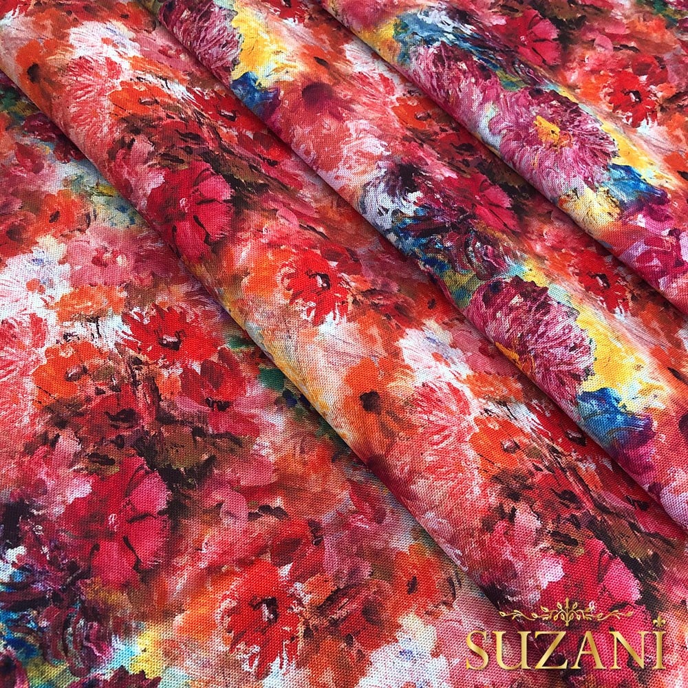 Renkli Yağlıboya Çiçek Desenli Dijital Baskılı Kumaş