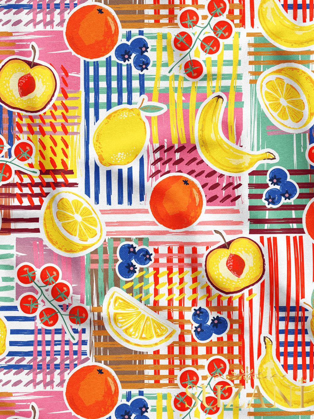 Renkli Yaz Meyveleri Desenli Dijital Baskılı Kumaş