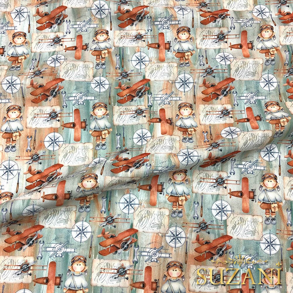 Retro Uçak Desenli Dijital Baskılı Kumaş