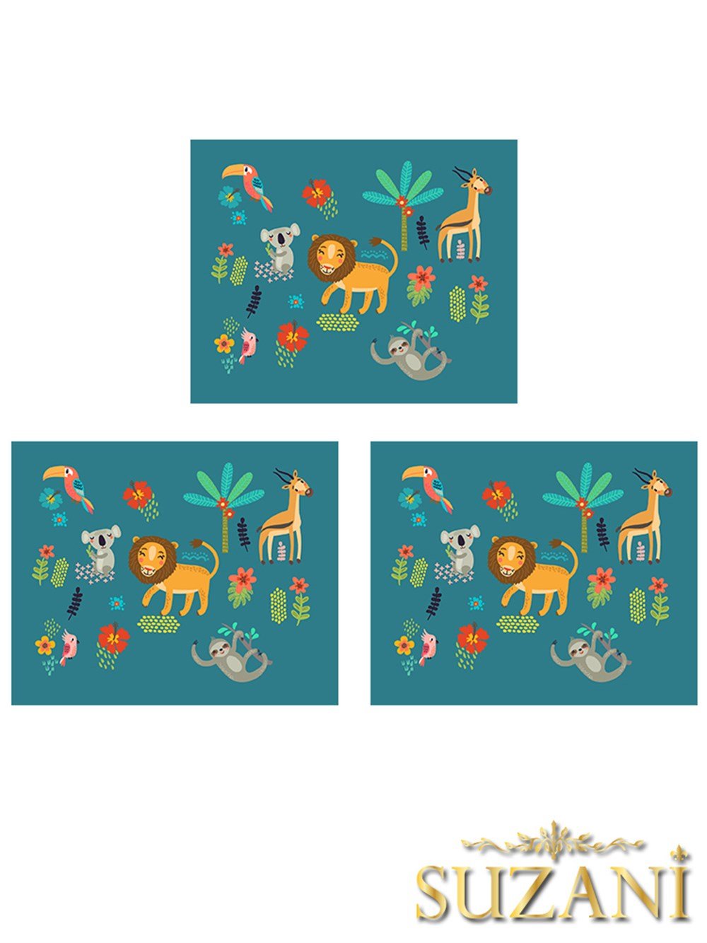 Sevimli Hayvanlar Desenli 3lü Beslenme Örtüsü, Amerikan Servisi Kumaşı