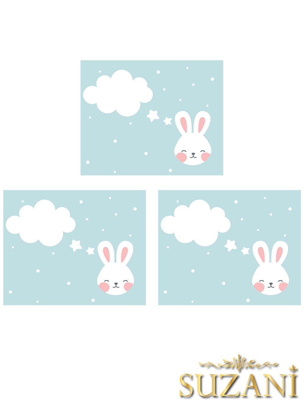 Sevimli Tavşan Desenli 3lü Beslenme Örtüsü, Amerikan Servisi Kumaşı