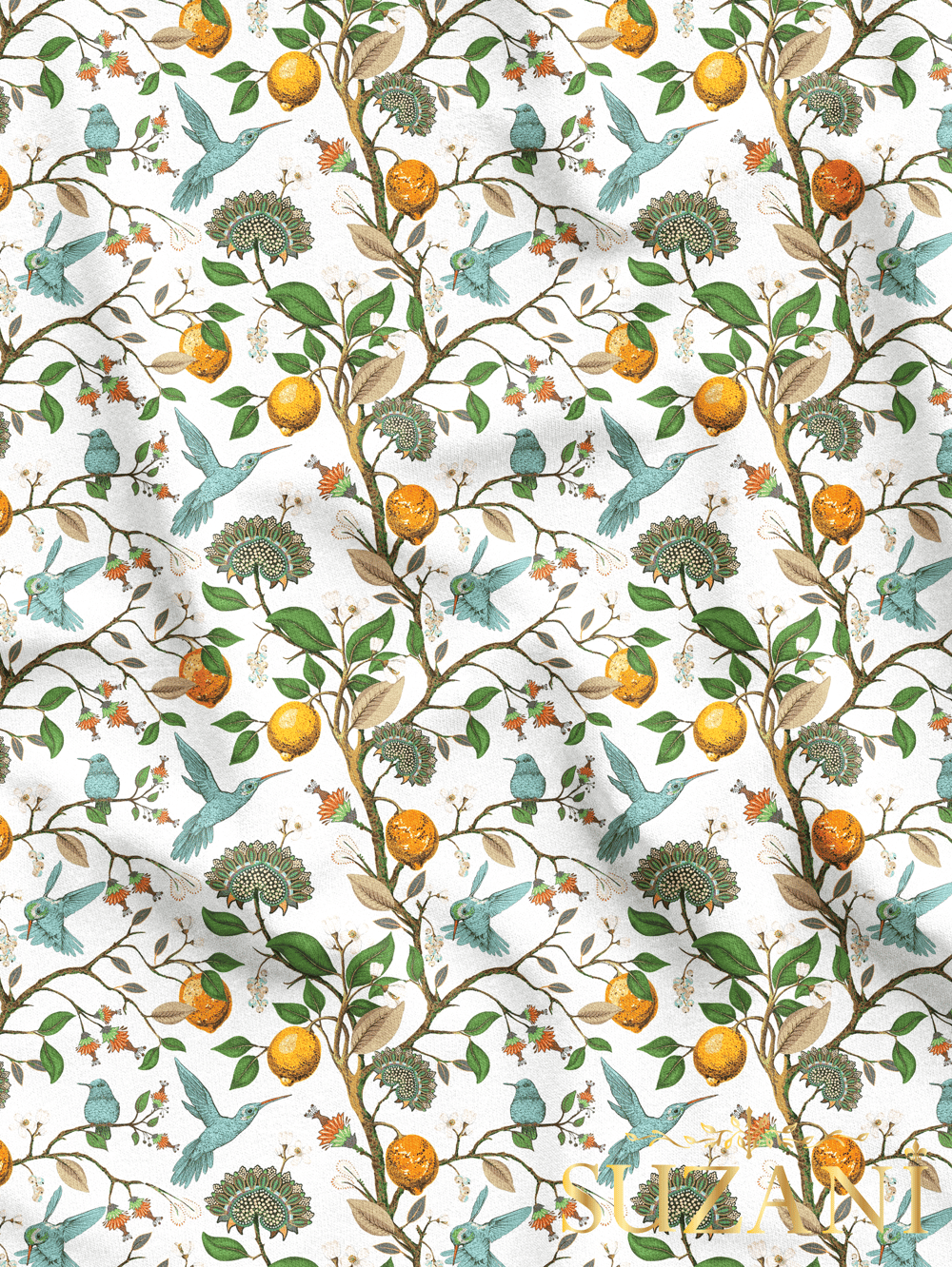 Sinek Kuşu ve Limon Ağacı Desenli Dijital Baskılı Kumaş