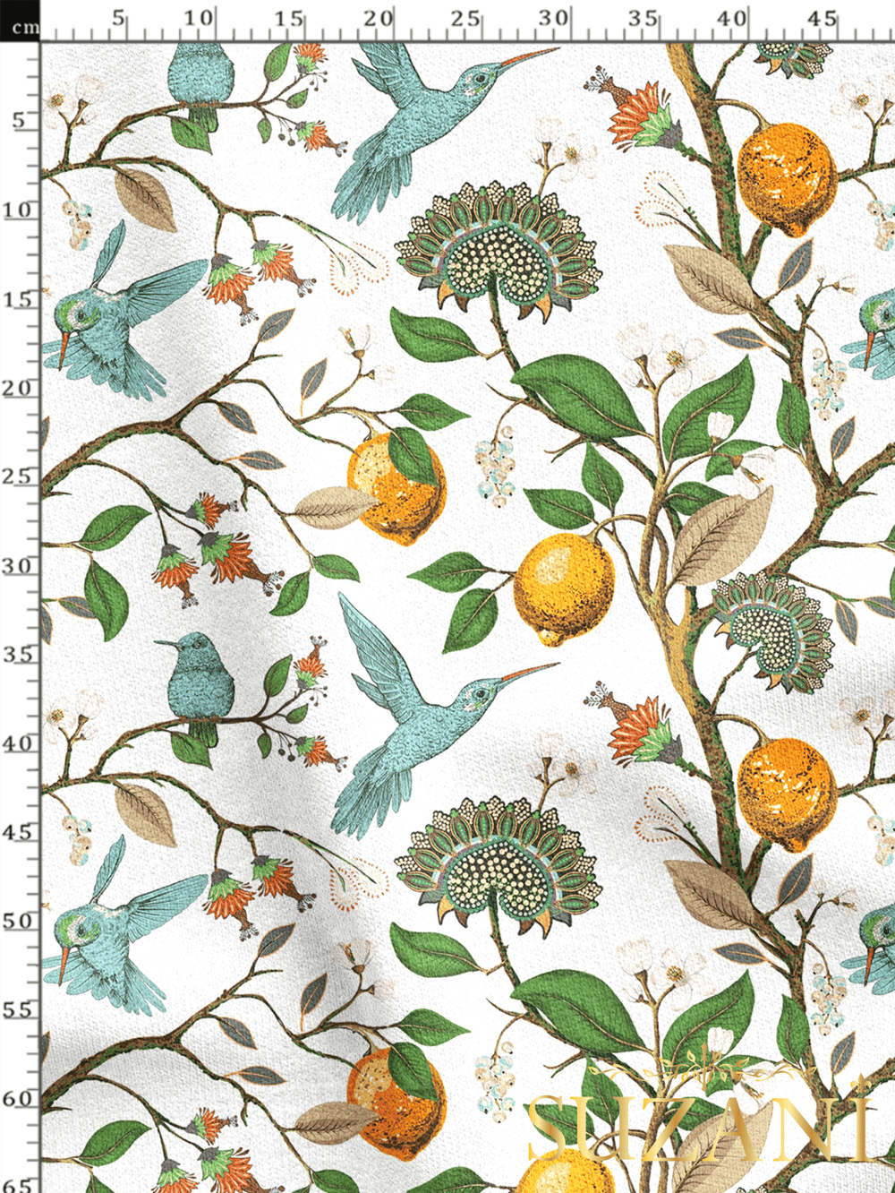 Sinek Kuşu ve Limon Ağacı Desenli Dijital Baskılı Kumaş