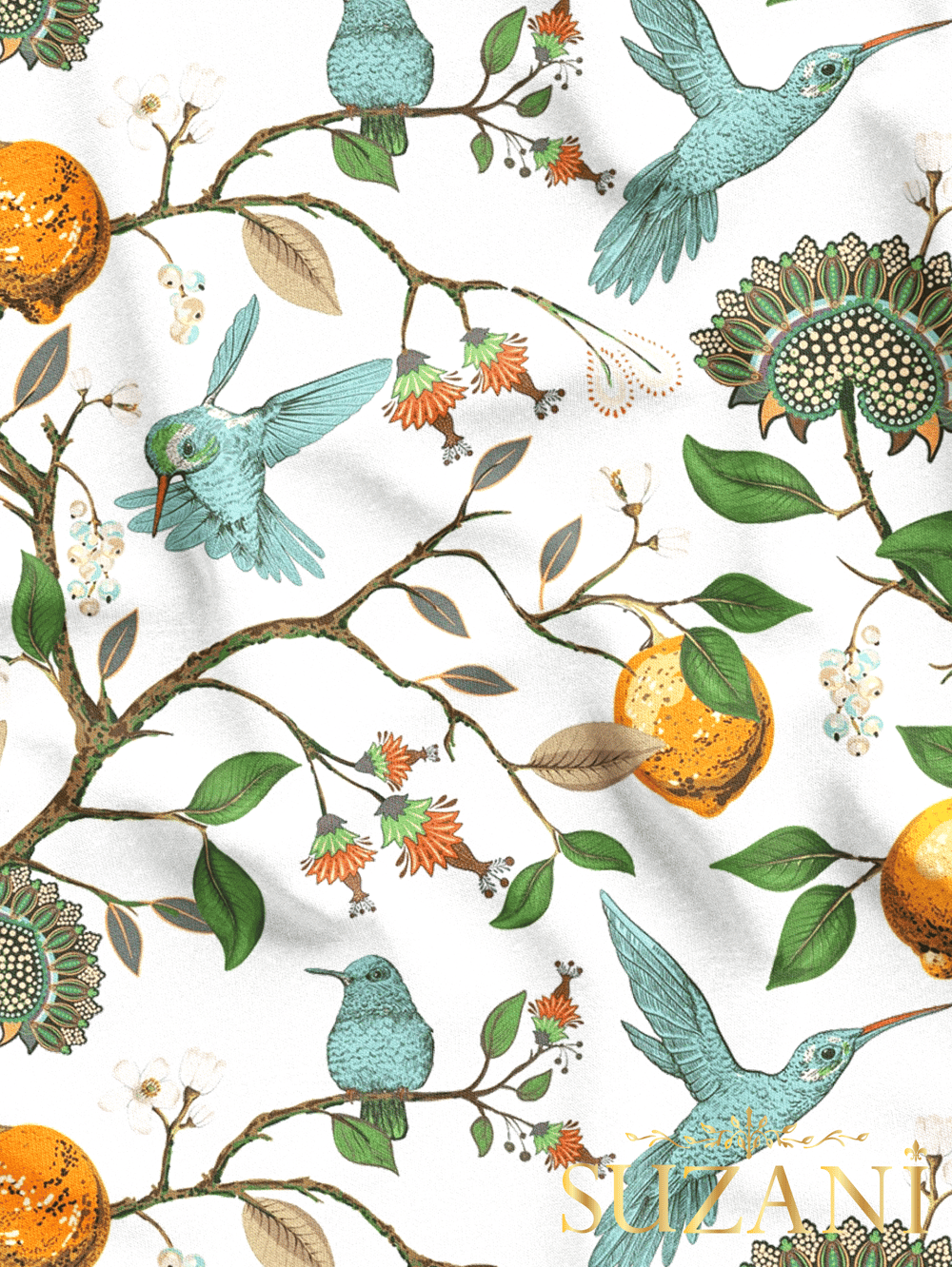Sinek Kuşu ve Limon Ağacı Desenli Dijital Baskılı Kumaş