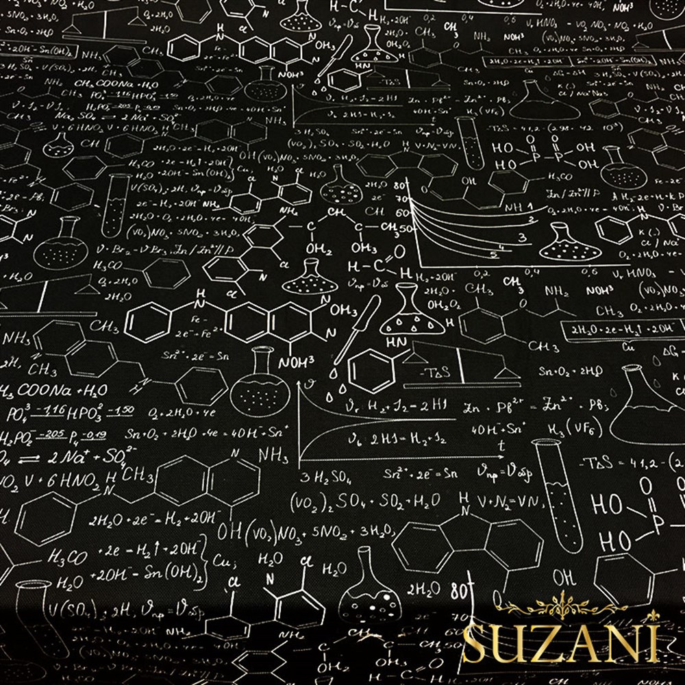 Siyah Beyaz Kimya Formül Desenli Kumaş