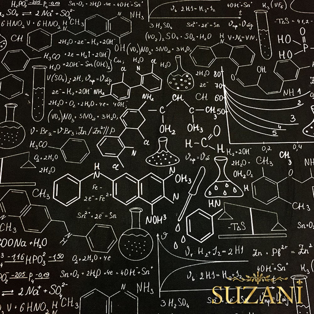 Siyah Beyaz Kimya Formül Desenli Kumaş