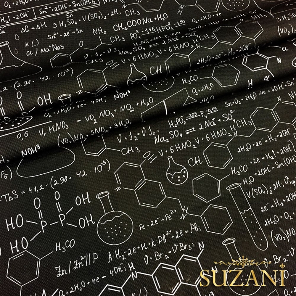 Siyah Beyaz Kimya Formül Desenli Kumaş