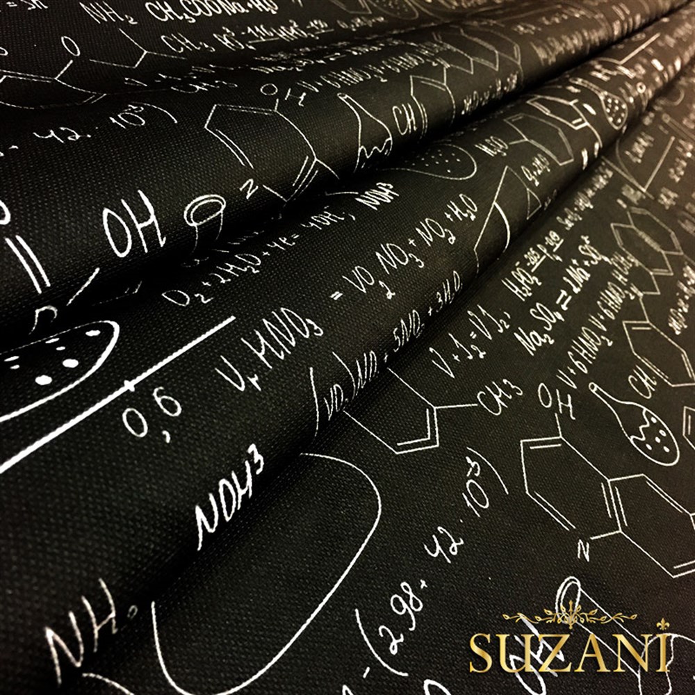 Siyah Beyaz Kimya Formül Desenli Kumaş