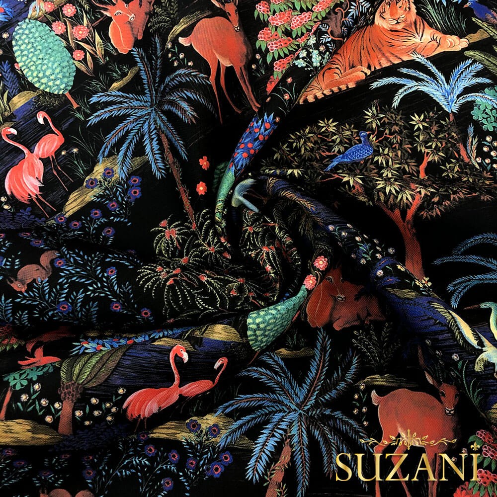 Siyah Zemin Orman Desenli Dijital Baskılı Kumaş