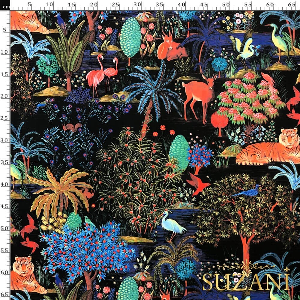 Siyah Zemin Orman Desenli Dijital Baskılı Kumaş