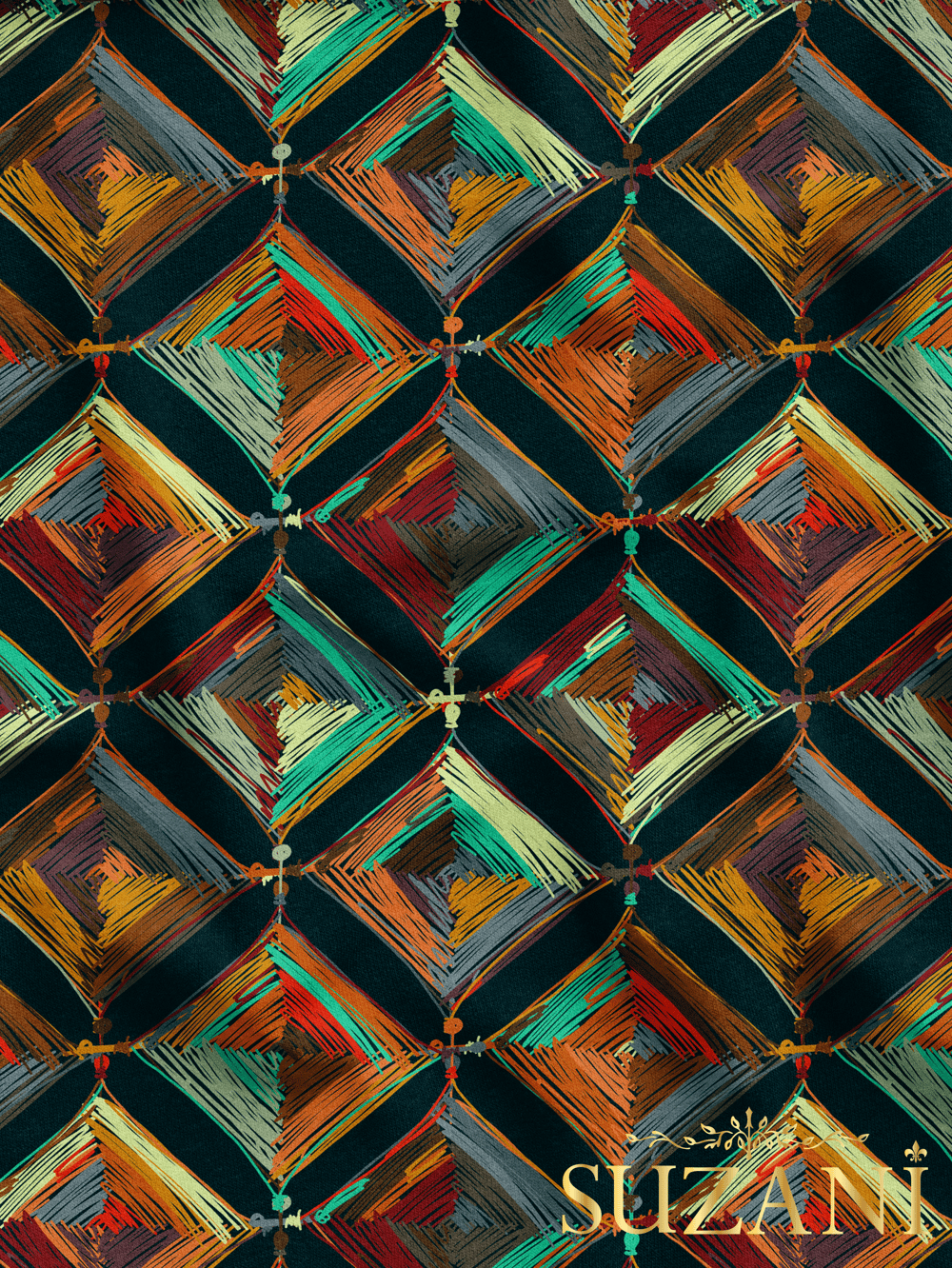 Siyah Zemin Renkli Mandala Desenli Dijital Baskılı Kumaş