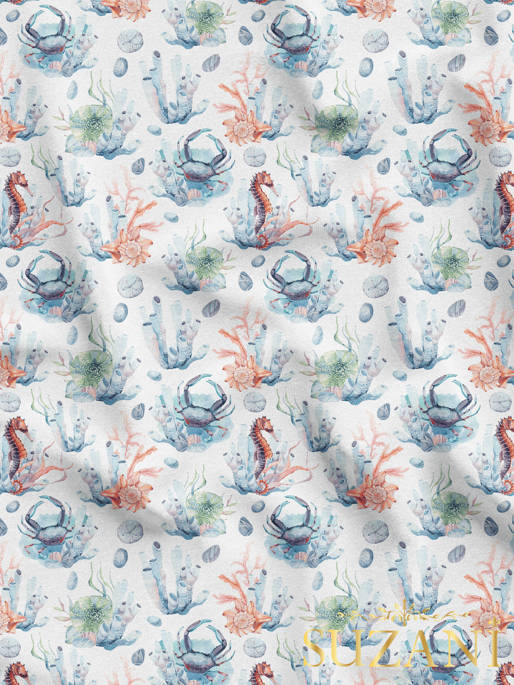 Su Altı Canlıları Desenli Dijital Baskılı Kumaş