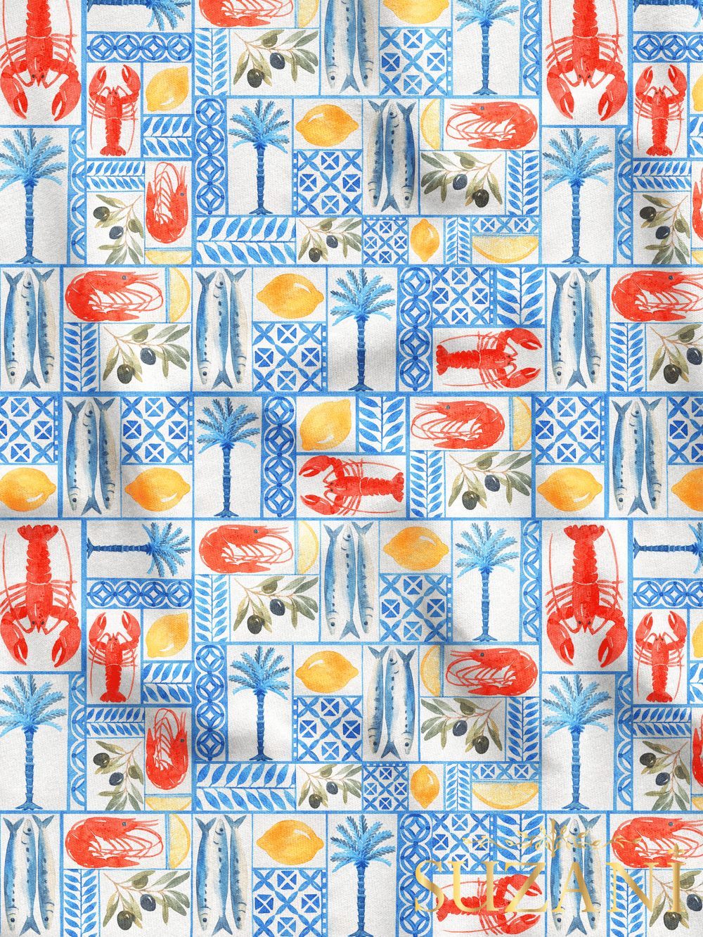 Sulu Boya Marin Desenli Dijital Baskılı Kumaş