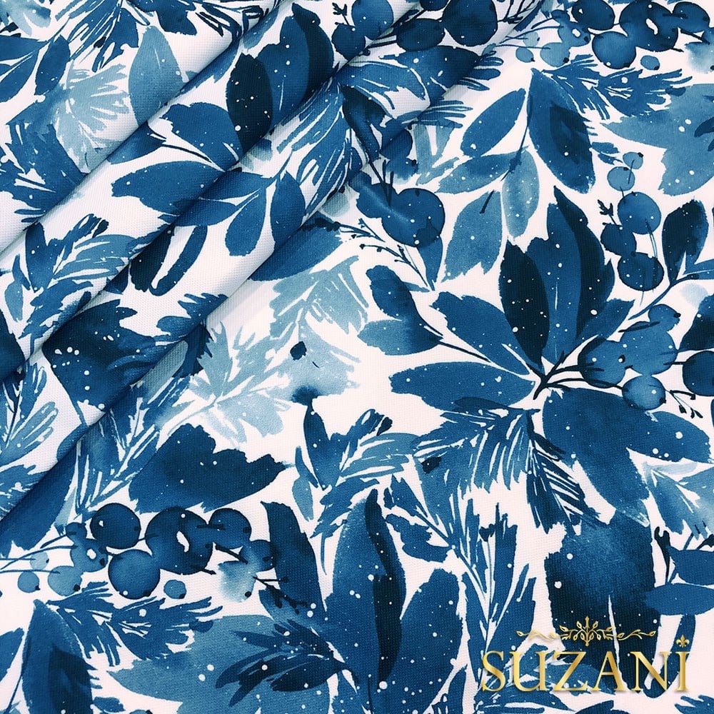 Suluboya Ladin Yaprağı Desenli Dijital Baskılı Kumaş