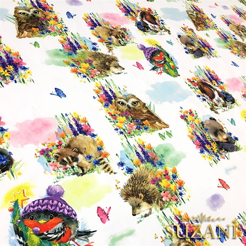 Suluboya Sevimli Hayvanlar Desenli Kumaş