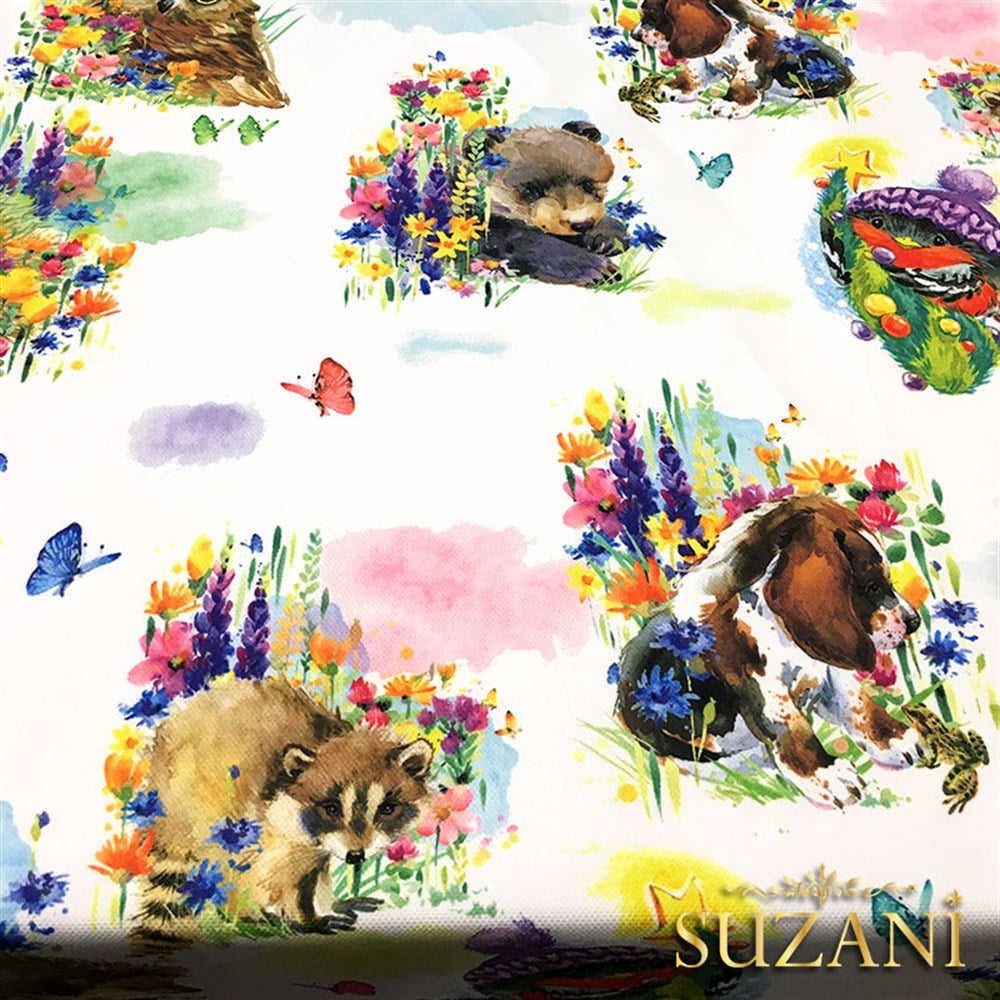 Suluboya Sevimli Hayvanlar Desenli Kumaş