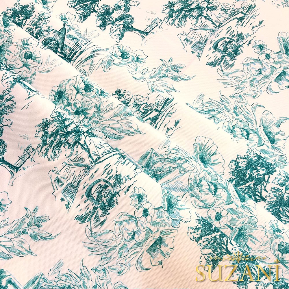 Toile de Jouy Stil Kır Evleri Desenli Dijital Baskılı Kumaş (Turkuaz)