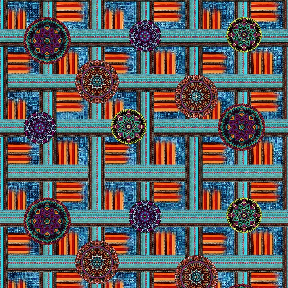 Turkuaz Lacivert Mandala Desenli Kumaş
