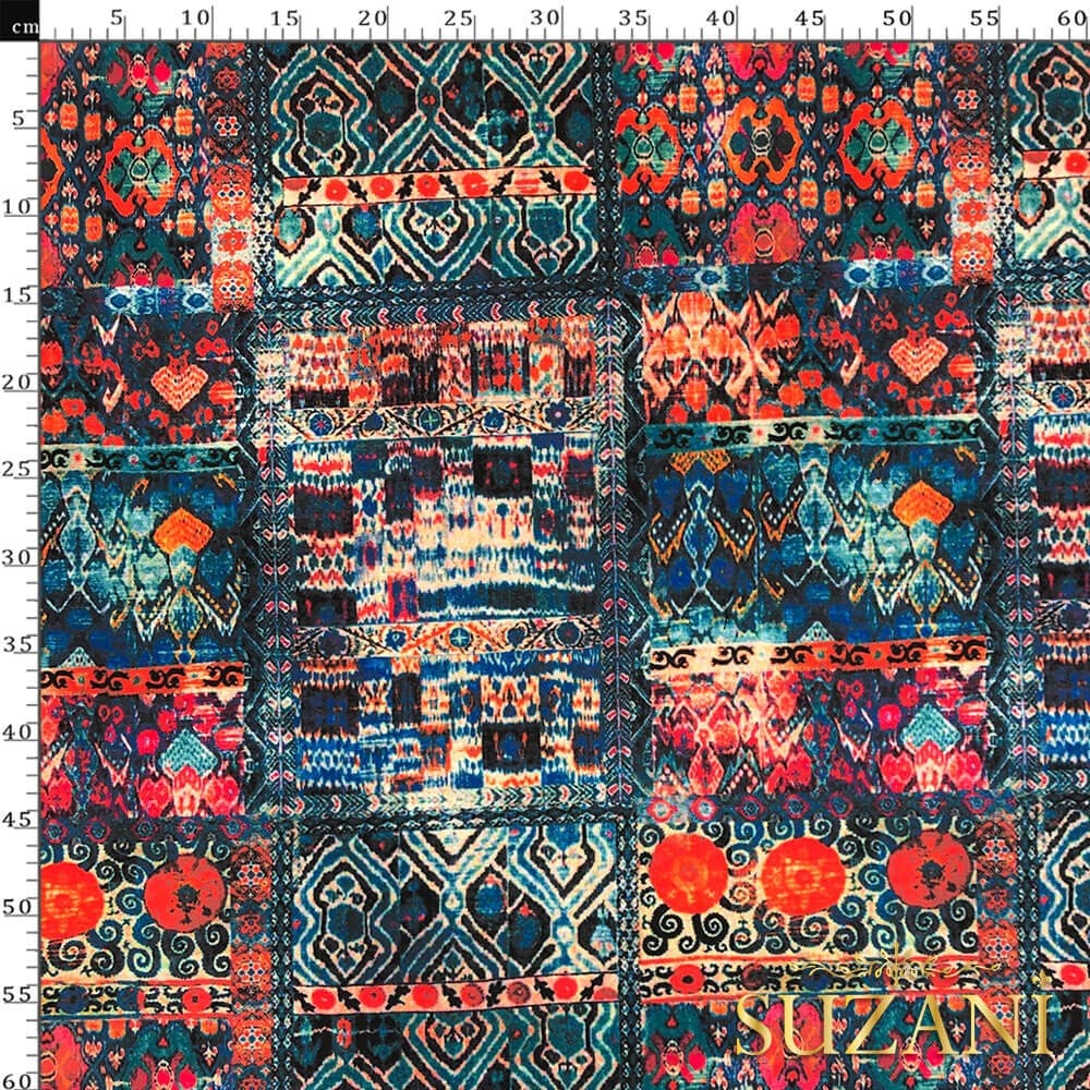 Turkuaz Mercan Kilim Desenli Dijital Baskılı Kumaş