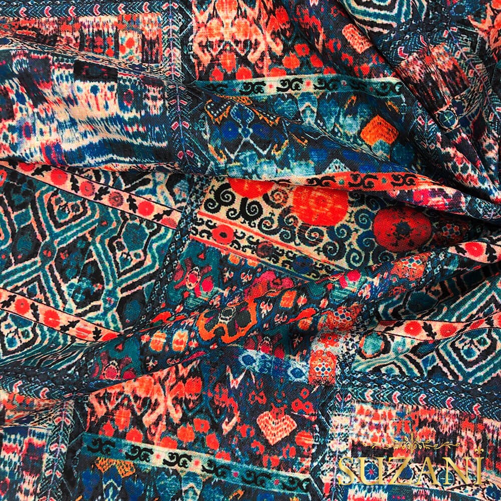 Turkuaz Mercan Kilim Desenli Dijital Baskılı Kumaş