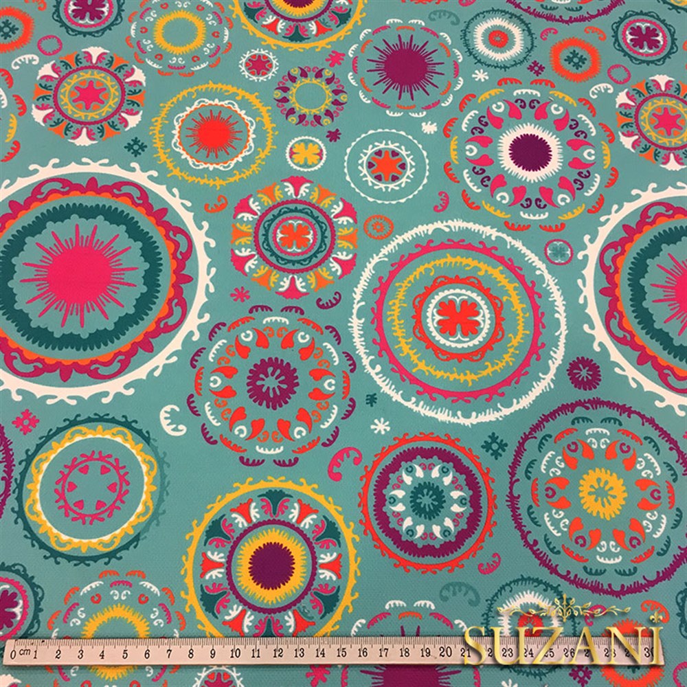 Turkuaz Zemin Suzani Desenli Kumaş