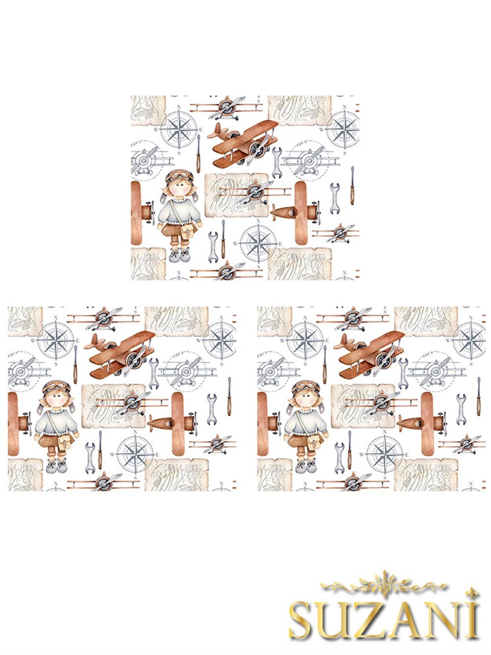 Uçak Desenli 3lü Beslenme Örtüsü, Amerikan Servisi Kumaşı