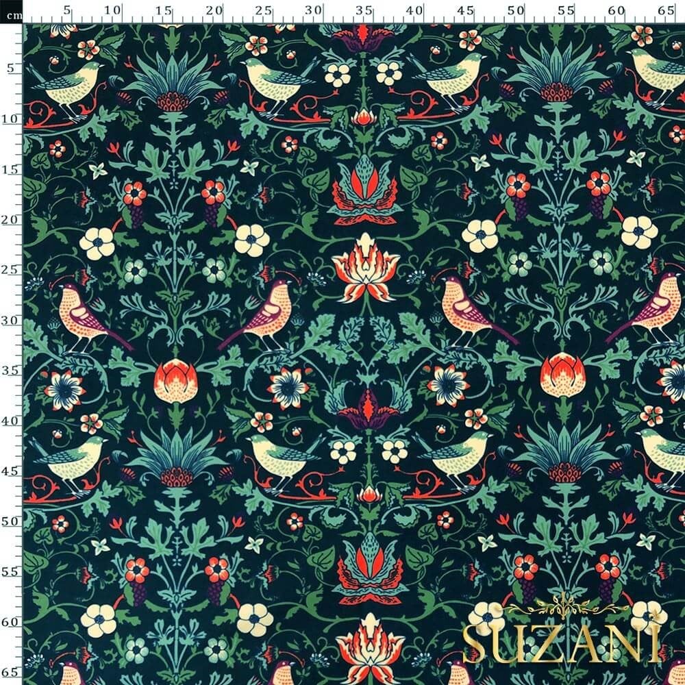 William Morris Kuş Desenli Dijital Baskılı Kumaş