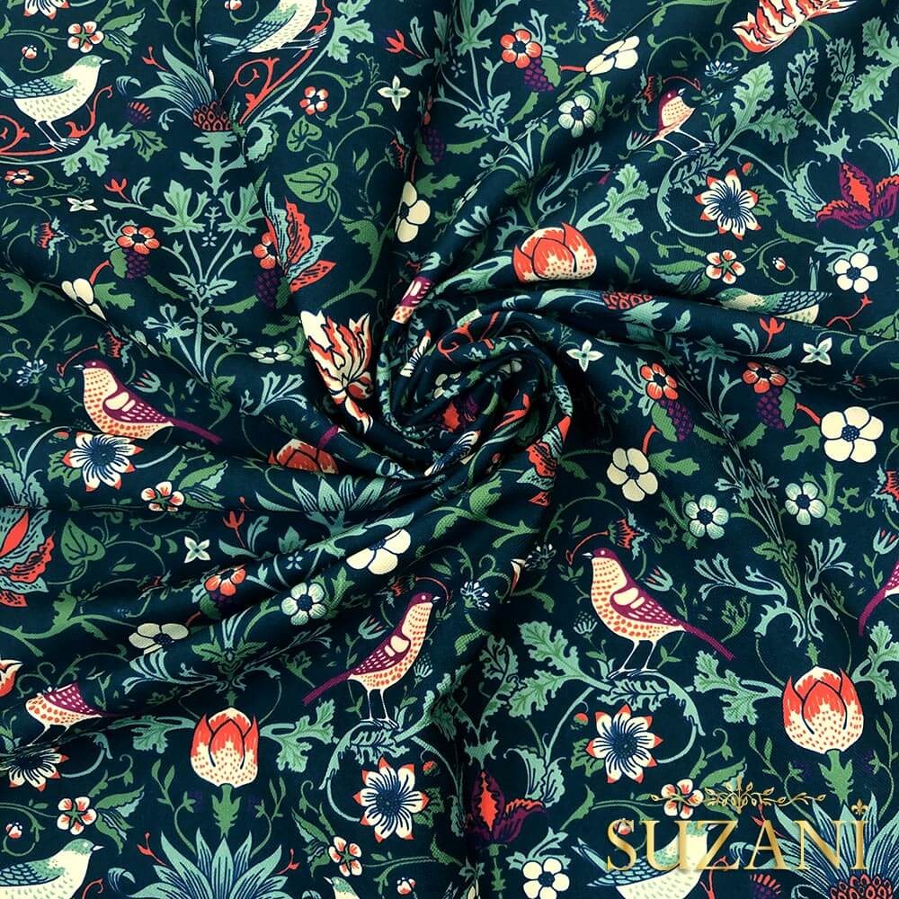 William Morris Kuş Desenli Dijital Baskılı Kumaş