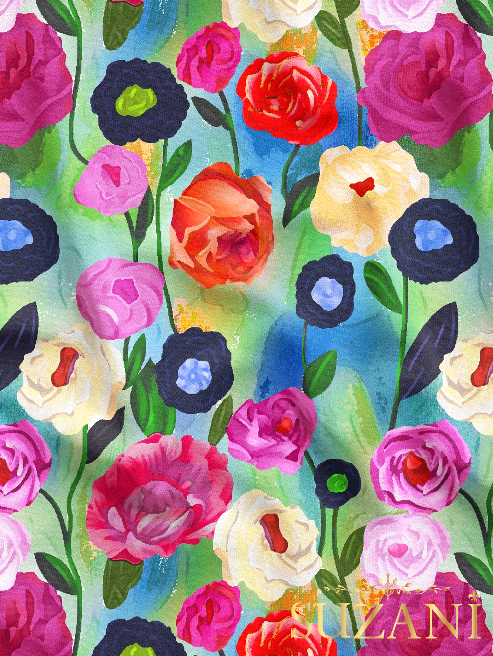 Yağlı Boya Gül Desenli Dijital Baskılı Kumaş