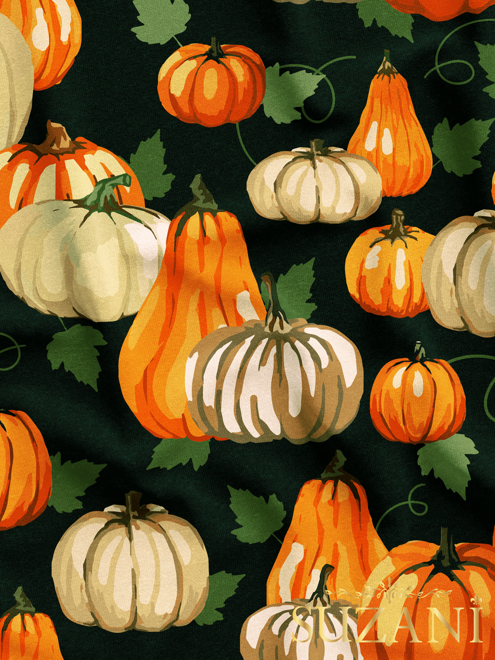 Yapraklı Balkabağı Desenli Dijital Baskılı Kumaş