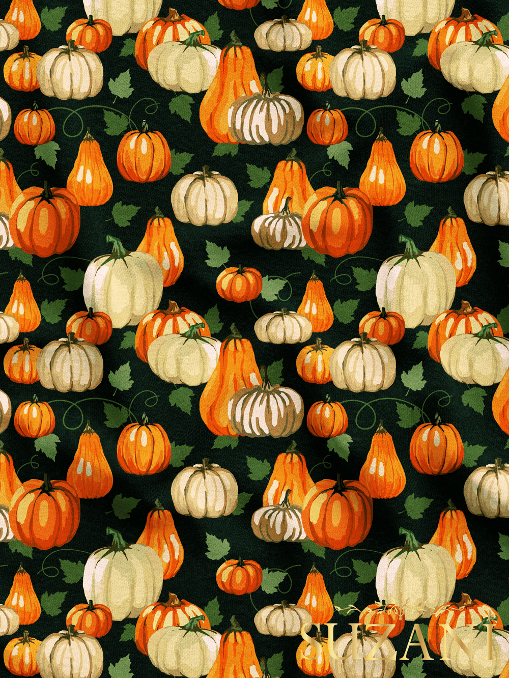 Yapraklı Balkabağı Desenli Dijital Baskılı Kumaş