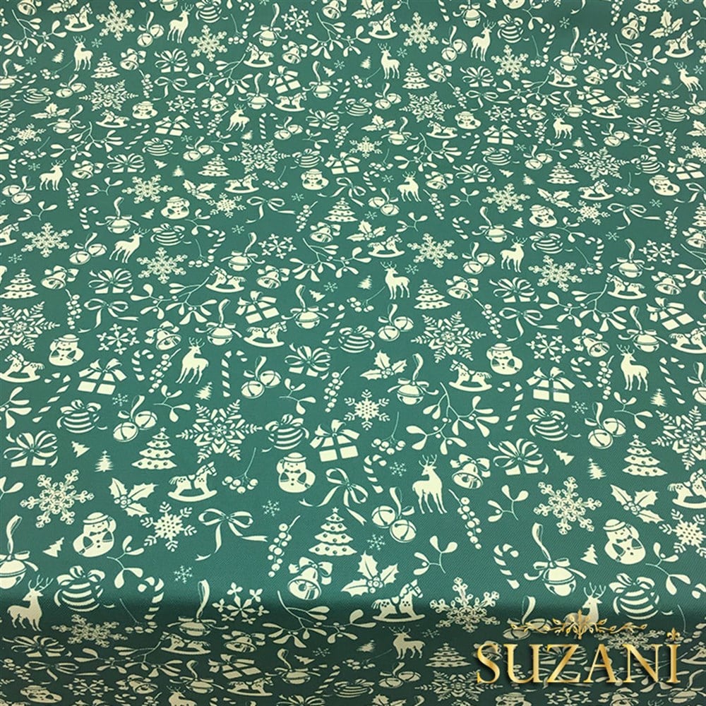 Yeşil Küçük Figürlü Yılbaşı Desenli Kumaş