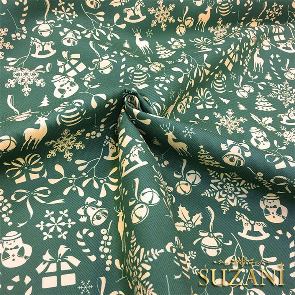 Yeşil Küçük Figürlü Yılbaşı Desenli Kumaş